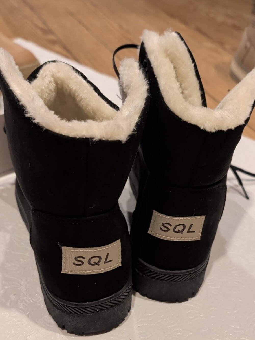 Black Lace-Up Women's Winter Boots with Cream Faux Fur Trim